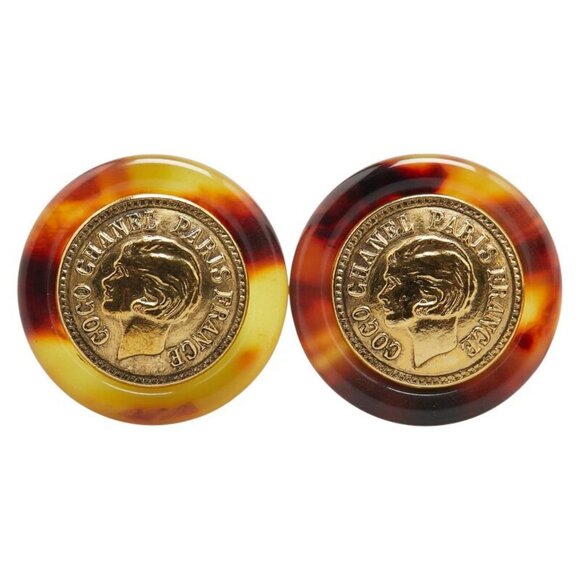 CHANEL Logos Brown Stone PARIS Round Coin Earrings Gold Tone 97A Auth w/Box #269 - Picture 1 of 6
